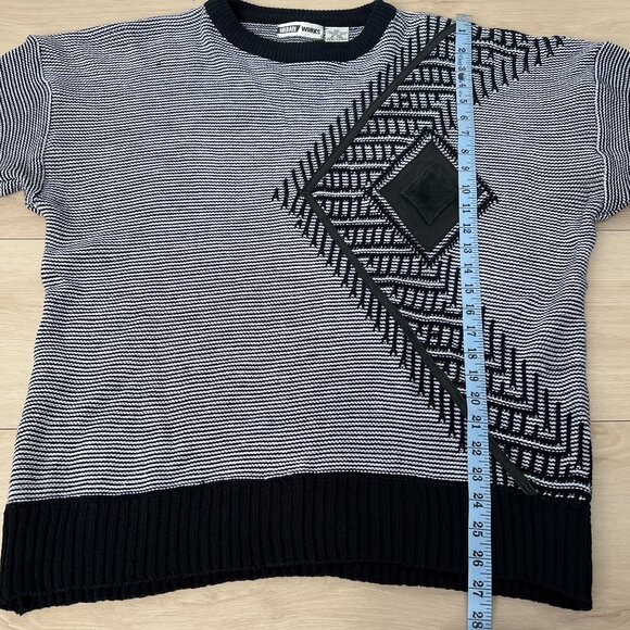 Vintage 90s Urban Works Black White Striped w/ Leather Trim Crewneck Sweater XXL - Picture 11 of 15